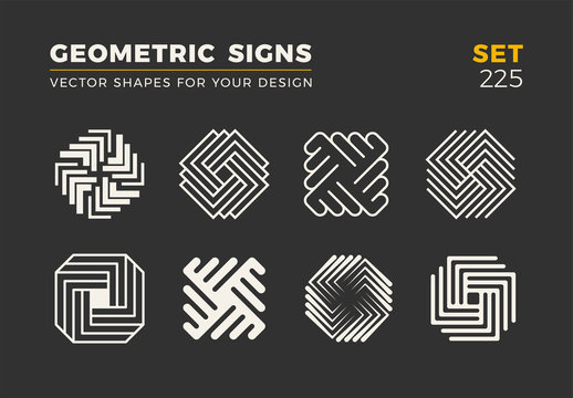 Set of eight minimalistic trendy shapes. Stylish vector logo emblems for Your design. Simple geometric signs collection.