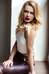 Fototapeta premium Portrait of beautiful tender young woman in stylish casual clothes. Fashion beauty photo