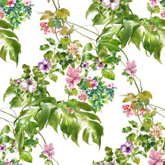 Watercolor painting of leaf and flowers, seamless pattern on white background