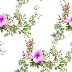 Watercolor painting of leaf and flowers, seamless pattern on white background