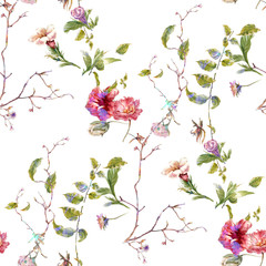 Watercolor painting of leaf and flowers, seamless pattern on white background