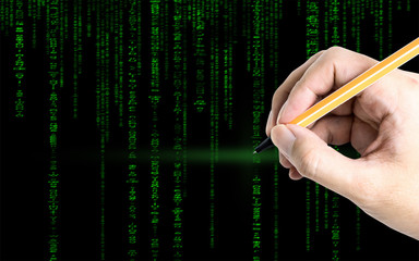 Hand writing on to a green computer coding text for hacker concept