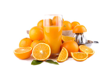 glass of orange juice with fruit and press citrus on white background