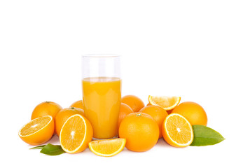 glass of orange juice with fruit and press citrus on white background