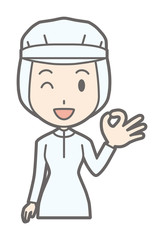 A female worker wearing white sanitary clothes is playing an okay sign