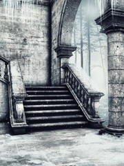 Gotyckie schody i kolumny na tle zimowego lasu © Obsidian Fantasy