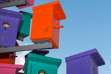 Colorful bird nesting boxes over blue sky