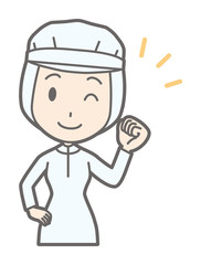 A female worker wearing white sanitary clothes is winking up his fist