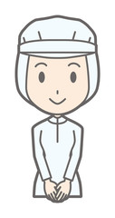 A female worker wearing white sanitary clothes is smiling and standing