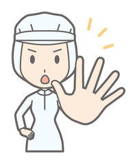A female worker wearing white sanitary wears out his hand