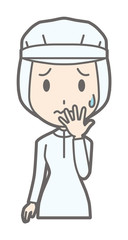 Female workers wearing white sanitary clothing are surprised...