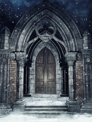 Fototapeta na wymiar Zimowa sceneria z gotycką bramą nocą 