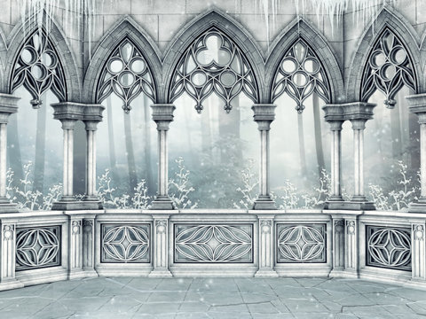 Ozdobne gotyckie okno z zimowym bluszczem Stock Illustration | Adobe Stock