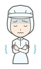 Female workers wearing white sanitary clothes are getting cold