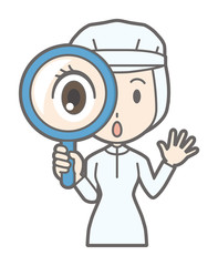 A female worker wearing white sanitary clothing has a magnifying glass