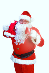 Real Santa Claus carrying big bag full of gifts, isolated on white background