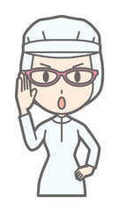 Female workers wearing white sanitary clothing are wearing glasses