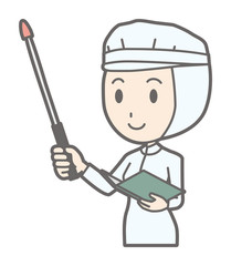 A female worker wearing white sanitary clothes is smiling with an instruction stick