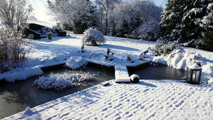 sonnige, winterliche Gartenanlage mit Teich an Terrasse angrenzend 