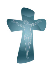Christian cross with line art crucified jesus on pastel blue color background. Crucifix. Crucifixion. Religious sign. Multiple exposure