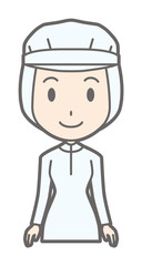 A female worker wearing white sanitary clothing stands