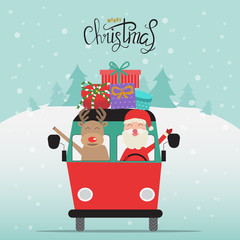 Merry christmas santa claus and reindeer with gift boxes on the van vector. illustration EPS10.