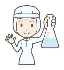 A female worker wearing white sanitary clothing has an Erlenmeyer flask