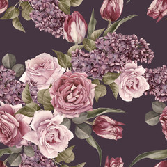 Obrazy  Floral seamless pattern with watercolor lilac, tulips and roses