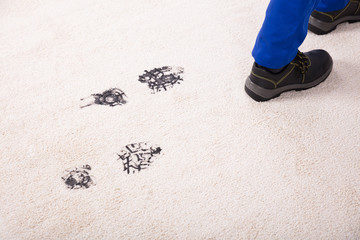 Elevated View Of Muddy Footprint On Carpet