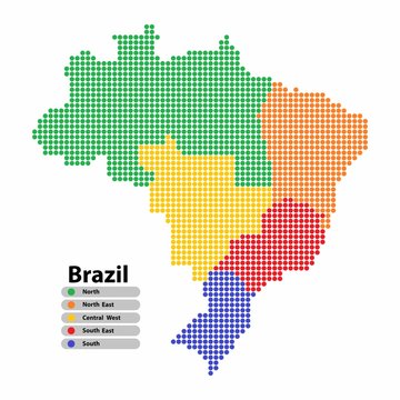 Brazil Map of circle shape with the regions colorful in bright colors on white background. Vector illustration dotted style.