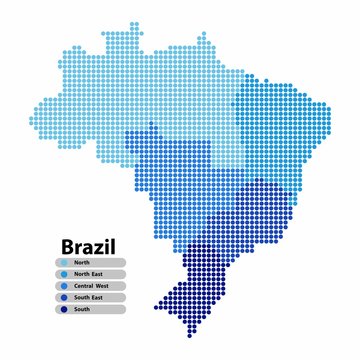 Brazil Map of circle shape with the regions blue color in bright colors on white background. Vector illustration dotted style.