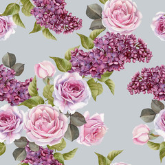 Floral seamless pattern with watercolor lilac and roses