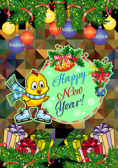 Naklejka premium Holiday card with pine branches, cute chicken and greeting text: