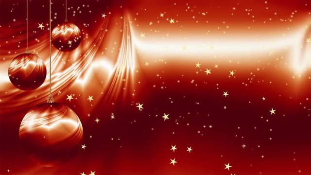 Shiny red Christmas ornaments with golden stars, sparkling bulbs, gold stardust, elegant New Year and Christmas decoration, vivid festive background, magical seasonal scene, animated illustration