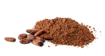 Cacao powder and cocoa beans isolated on white. Macro with full dept of field
