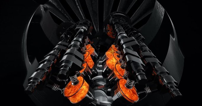 Shiny V8 Engine Animation With Explosions Inside Of Another Machine