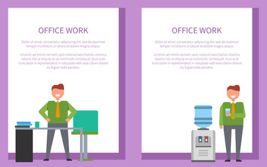 Office Work Posters Set Men with Water Workplace