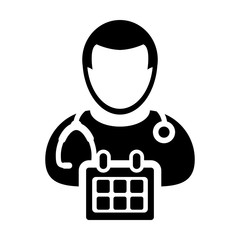 Doctor Appointment Icon Vector With Stethoscope for Medical Consultation Physician Profile Male Avatar with Calendar Symbol in Glyph Pictogram illustration