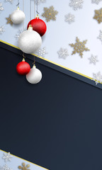 Merry Christmas - vertical banner with gold glitter nad snow snowflakes with baubles ( xmas , holiday , new year )