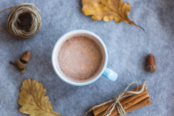 top view cocoa cup and atumn leaves