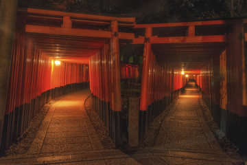 Torii gates in Fushimi Inari shrine at night in Kyoto, Japan