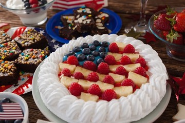 Fruitcake served in plate on wooden table