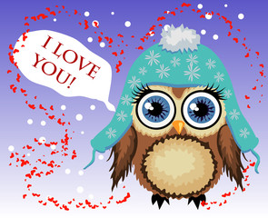 Lovely cartoon brown owl surrounded by hearts says I love you. Love in the air, Saint Valentine, postcard