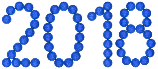 Numeral 2018 from blue decorative balls, isolated on white background
