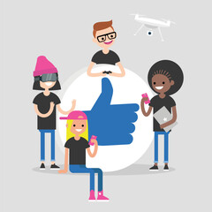 A group of millennial friends gathering around big "Thumbs up" sign. Gadgets. Modern lifestyle. Advanced users. Flat editable vector illustration, clip art