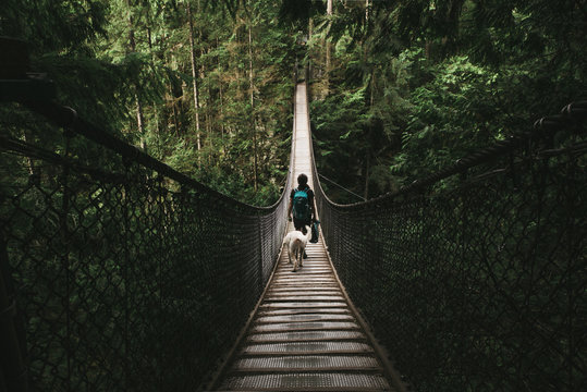 A lady with a dog crossing lynn valley bridge in North Vancouver Canada