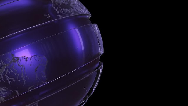Earth Globe glass sphere rotation.PNG Alpha.Purple earth map.Good for broadcast news intro. Beautiful 3D render of metal and grass.Type 3