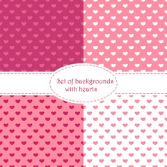 Set of Valentines Day seamless patterns. Pink endless backgrounds with hearts.