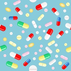 Vector pills and capsules in different colors, shapes and sizes, isolated elements. Seamless background, pattern