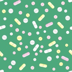 Vector pills of different colors, shapes and sizes of the individual elements. Seamless background, pattern